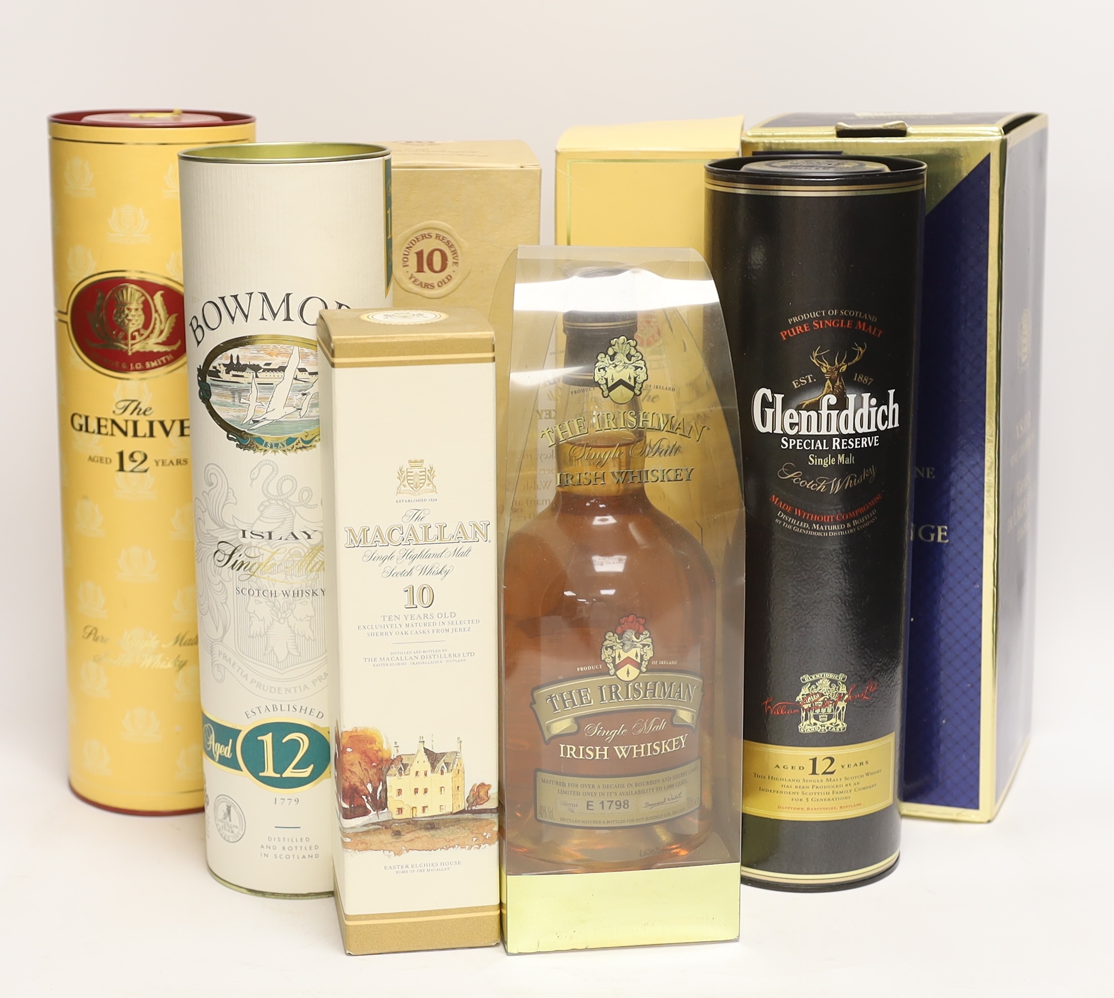 Eight bottles of Whisky, Whiskey and Cognac to include a 70cl bottle of The Balvenie Founders Reserve 10 Year Scotch, Glenlivet 12 year x2, Bowmore 12 year, Glenfiddich Special Reserve 12 year, The Irishman single malt I